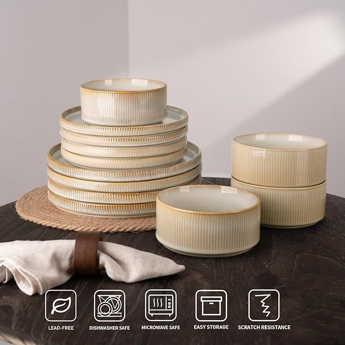 famiware Star Dinner Plates for 6, 10 inches Plate Set, Scratch Resistant, Stoneware Dinnerware, Kitchen Modern Rustic Serving Dishes, Cappuccino White