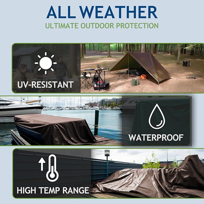 10 Mil Heavy Duty Waterproof Tarps, 10x20 Ft Finished Size Tarps, Premium Tarp with Metal Grommets & Reinforced Edge, Multipurpose Thick Poly Tarp for Car, Boat, Roof, Camping - Brown