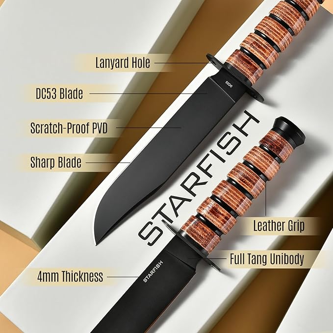 STARFISH Fixed Blade Knife, 7.0” DC53 Steel Blade with Black Titanium Coating Full Tang Hunting Knife with Sheath, Ergonomic Leather Handle Bushcraft Bowie Knives for Camping, Hiking