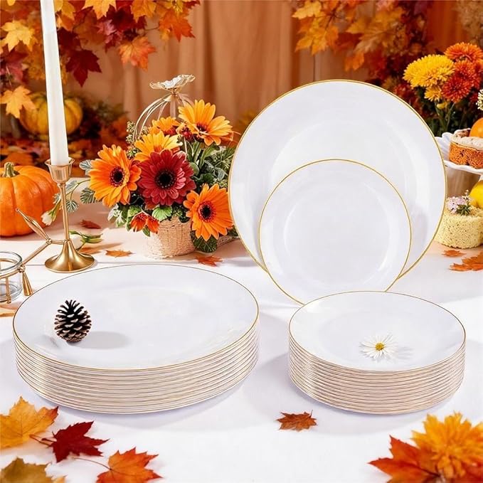 Festiva 350Pcs Gold Plastic Plates - White and Gold Dinnerware Set Disposable include 10" & 7" Plates,Cups,Silverware,Napkins -serve 50 Guests Perfect for Wedding& Birthday &Summer Party