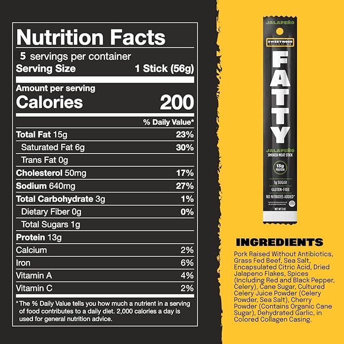 FATTY Meat Sticks, Made with Grass Fed Beef, Pork Raised Without Antibiotics, 13g Protein Per Stick, Jalapeno, 2 oz. (Pack of 5)