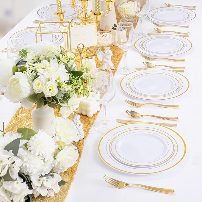 350 Pieces White and Gold Plastic Plates - 50 Guest Thanksgiving Dinnerware Set Include 100 Plates, 50 Plastic Silverware, 50 Napkins and 50 Cups for Thanksgiving