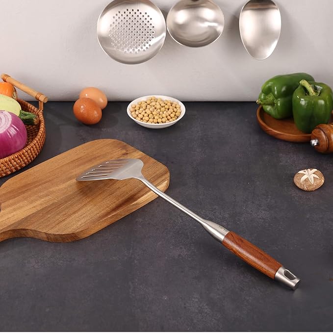 18/10 Stainless Steel Kitchen Utensils Set with Wood Handle - 15” Long Metal Cooking Tools - Serving Solid/Slotted Spoon, Tunner, Skimmer, Soup Ladle, Spaghetti Spoon, Large Spoons Set of 6