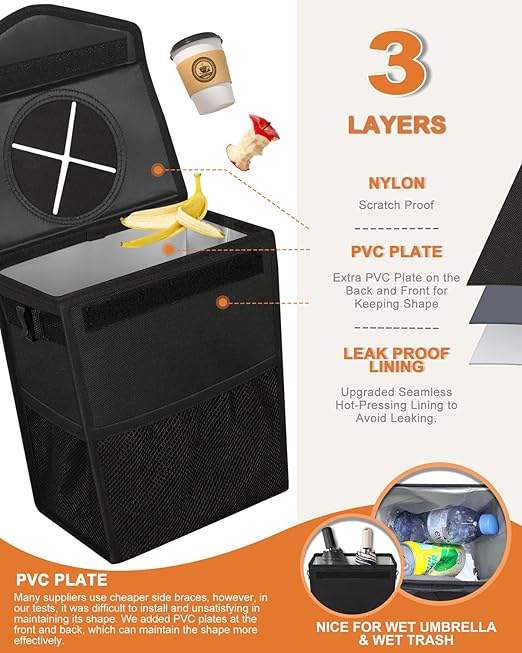Car Trash Can with Lid, Cute Leakproof Car Trash Garbage Bag Hanging Vehicle Trash Bin Small Portable Automotive Garbage Cans Organizer for Back/Front Seat/Console(2.8 Gallons,Black)