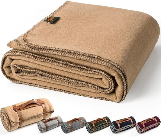 Merino Wool Blend Camping Blanket Ultra Warm, Moisture Wicking, Portable Outdoor Blanket for Camping, RV Trips, Adventures, Picnic, Bushcraft Survival Kits, Large 86"x62"