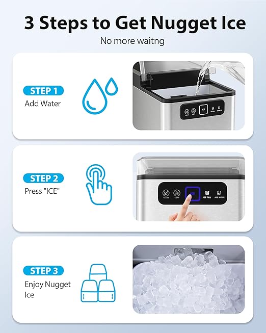 Aeitto Nugget Ice Maker Countertop, Pellet Ice Machine Soft Chewable Ice 40lbs/Day, One-Click Operation, Auto Self-Cleaning Crushed Ice Makers Stainless with Scoop for Home/Kitchen/Office (Silver)