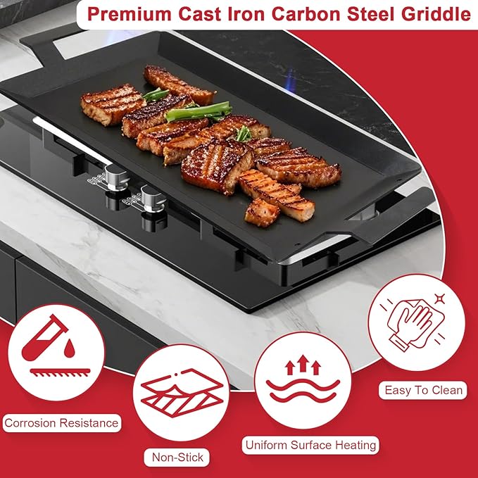 Carbon Steel Griddle for Gas Grill, Universal Carbon Cooking Griddle for Induction Cooktop, 17'' x 10'' Non-Stick Stove Flat Top Pan for Stove Top, Gas Grill, Cooktop, Electric