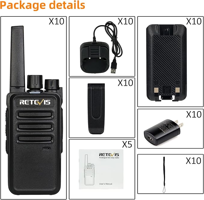 Retevis RT68 Two Way Radio Long Range Walkie Talkies for Adults,Compact, Rugged, Heavy Duty 2 Way Radios Rechargeable with USB Charging Base, for School Restaurant Church Business(10 Pack)