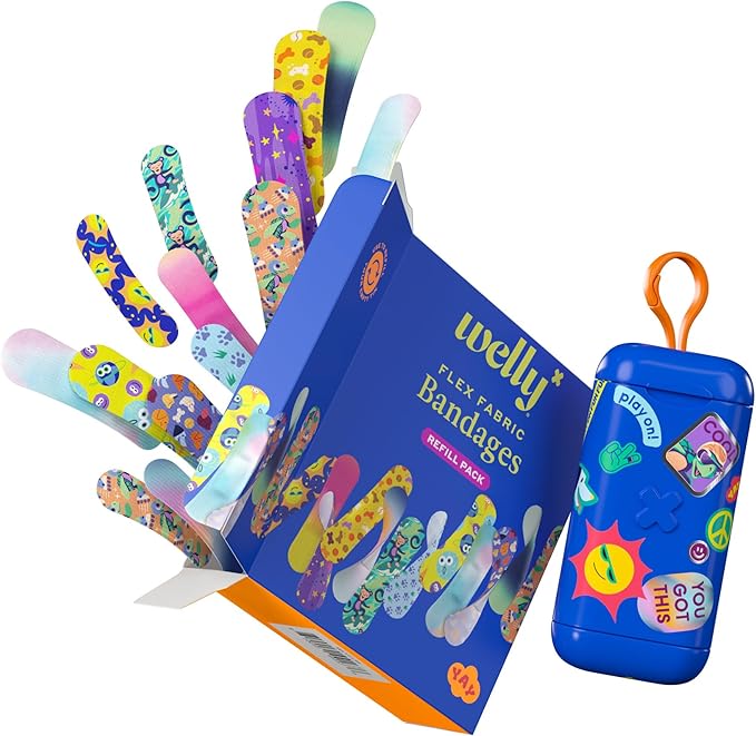 Welly Bandage Clip N' Go Tin & Refill Pack | Adhesive Flexible Fabric Bandages and Tin | Assorted Shapes and Patterns for Minor Cuts, Scrapes, and Wounds - 100 Count
