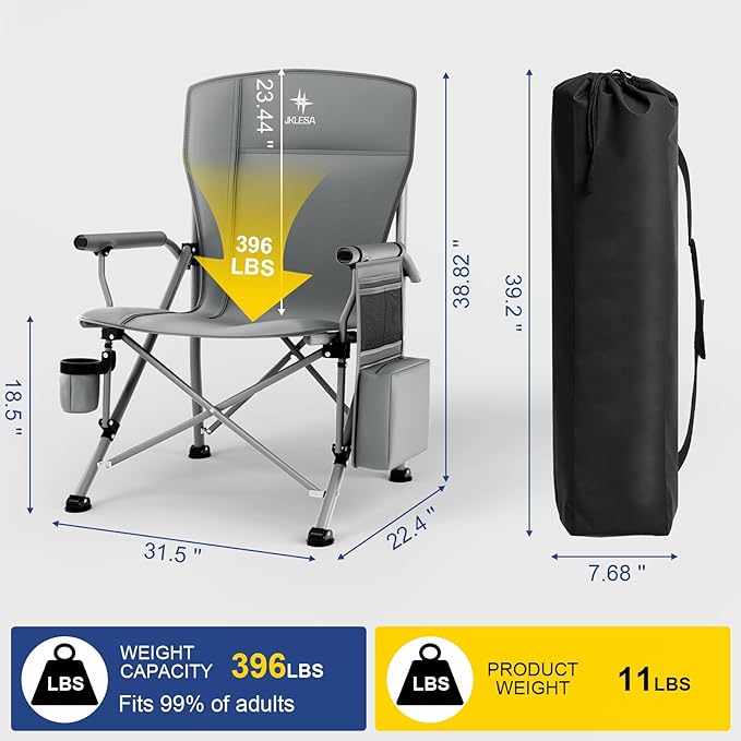 XL Heavy Duty Camping Chair 396lb Capacity (525lb Max) – Waterproof 1680D Oxford Fabric, 2" Padded Seat & Back, Cup Holder, Cooler Pocket, Portable for Camping, Beach & Tailgating (Slate/Navy)