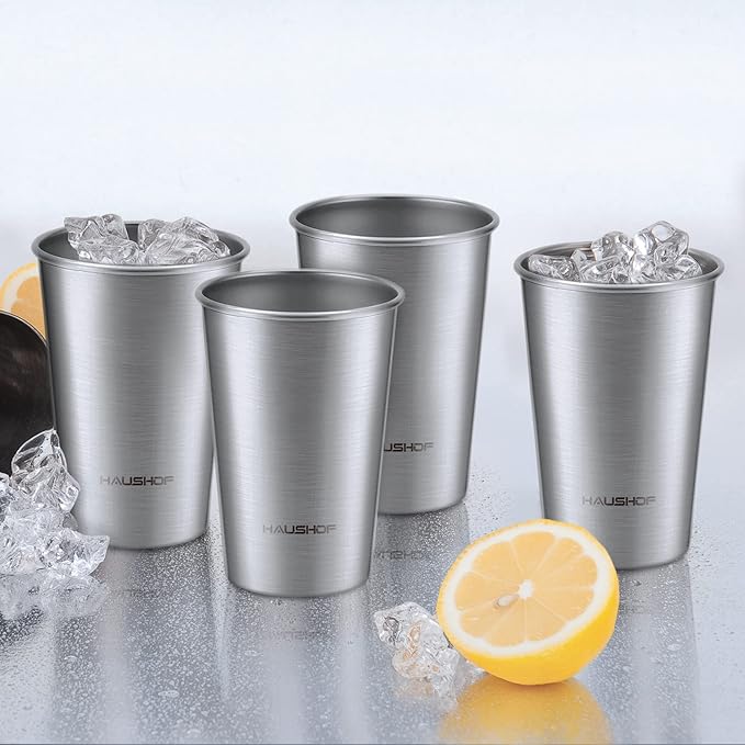 HAUSHOF Pint Cup, 16 oz Stainless Steel Cups, Stackable Metal Drinking Cups, Stacking Beer Pint Cups for Home, Party, Camping, Outdoor, Unbreakable, 4 Pack