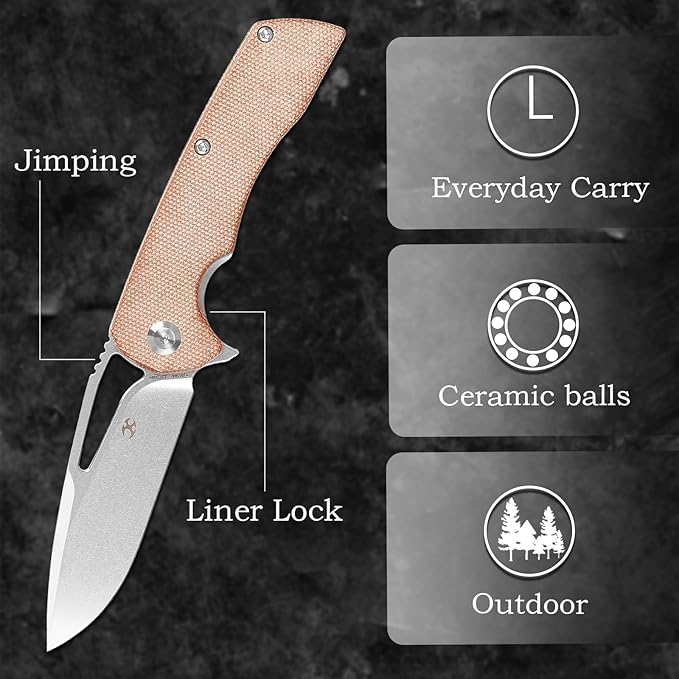 KANSEPT Kryo Pocket Knife 8.08in Folding Knives with 3.58in12C28N Steel Drop Point Blade and Brown Micarta Handle for Outdoor, Tactical, Survival and EDC T1001M4