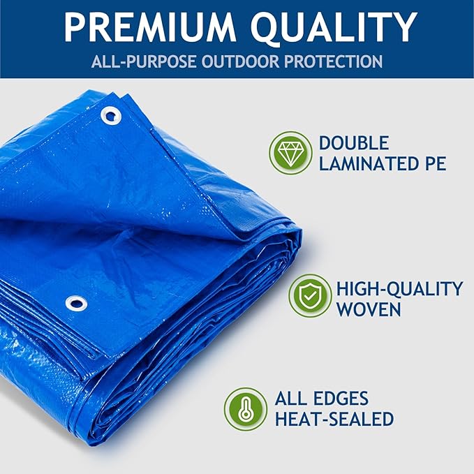 10x12Ft Tarp Cover 5 MIL Waterproof Poly Tarps, Light Duty Tarpaulin with Grommets, Reinforced Edges, Rip & Tear Proof, Multipurpose Finished Size Tarp for Cars, Boat, Roof, Camping - Blue