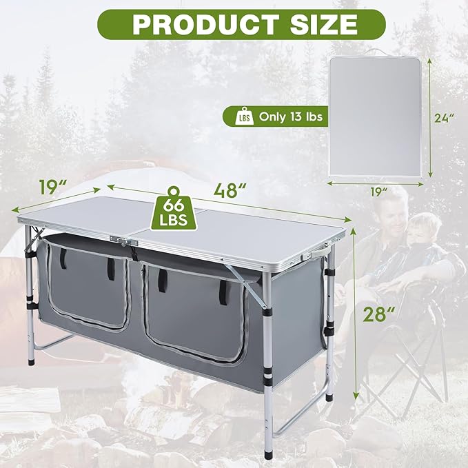 Outdoor Folding Camping Table with Storage Organizer, Portable Aluminum Composite Panel Lightweight Table, 3 Adjustable Height, for Indoor, BBQ, Party, Picnic, Hiking, Beach