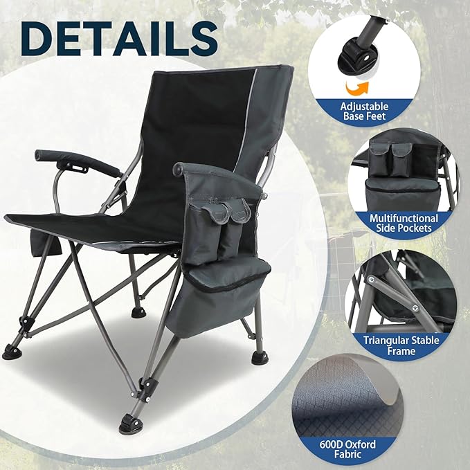 Heated Camping Chairs Adults Folding: Oversized Foldable Outdoor Chair for Outsides with Cup Holder – Heavy Duty Heating Portable Chair Sports Fishing Soccer Lawn Camping Furniture (Grey, Oversized)
