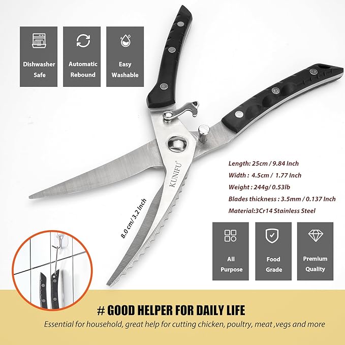 KUNIFU Poultry Shears, All Purpose Heavy Duty Kitchen Scissors For Food Turkey Meat Chicken Herbs, Cooking Scissors Utensils, Kitchen Gadgets Black