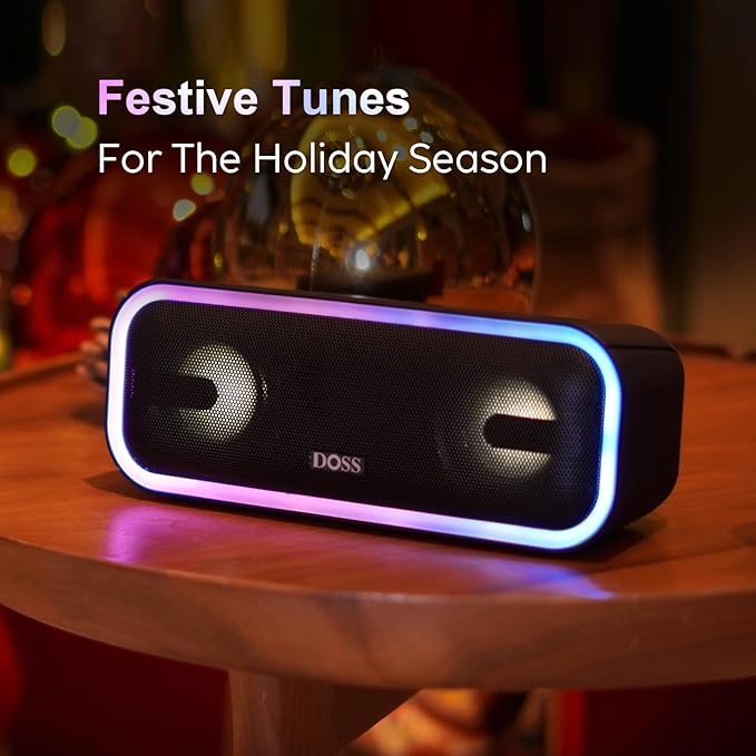DOSS SoundBox Pro+ Bluetooth Speaker with 24W Impressive Sound, Extra Bass, IPX6 Waterproof, 15H Playtime, Wireless Stereo Pairing, Multi-Colors Light, Portable for Outdoor, Home, Party, Beach