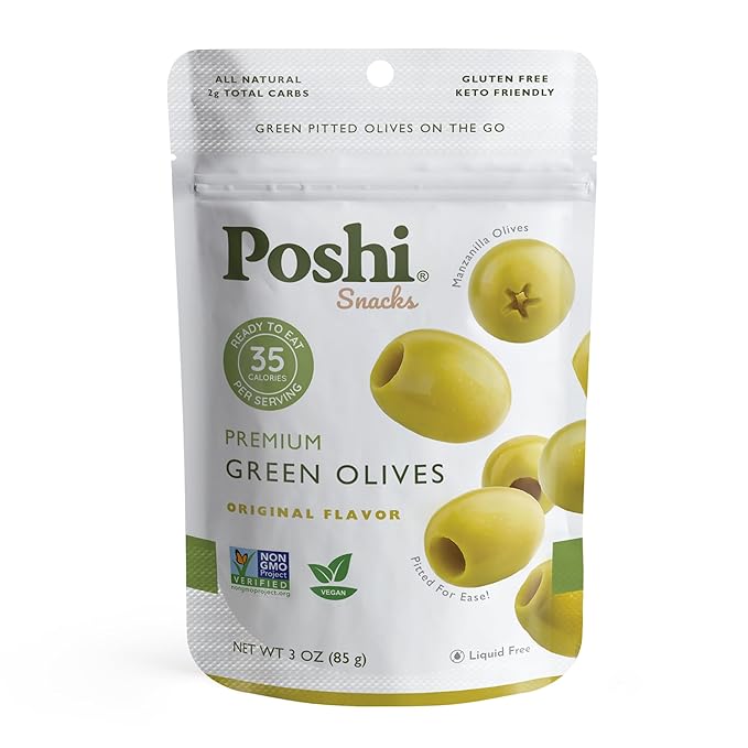 Poshi Green Olives On-The-Go - Original Flavor - Single Serve Pitted Olives - Convenient and Healthy Snack Packs - All Natural, Non-GMO, Kosher, Gluten-Free - 3 Oz Bags (6/Pack)