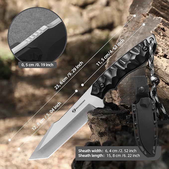 Tanto Fixed Blade Knife with Sheath, 5.04" Blade in 5Cr14moV Steel, Tactical Knife for Men, Survival Knife with G10 Handle,Full Tang Design (F- Black- Sliver)