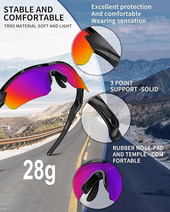 Rosemal Sports Sunglasses Polarized Cycling Sunglasses Running Driving Fishing Hiking for Men Women UV400 TAC TR90