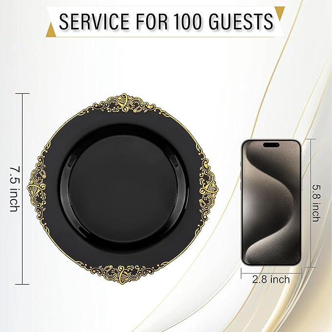 Nervure 100PCS Black Gold Plastic Plates - 7.5 inch Black Plastic Plates with Gold Rim - Disposable Dessert Plates for Wedding & Independence Day & Halloween