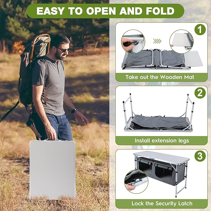 Outdoor Folding Camping Table with Storage Organizer, Portable Aluminum Composite Panel Lightweight Table, 3 Adjustable Height, for Indoor, BBQ, Party, Picnic, Hiking, Beach