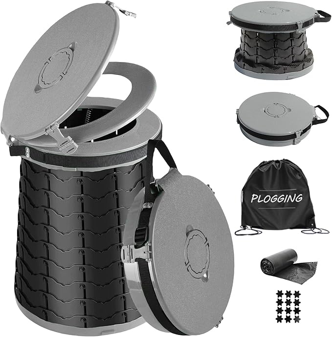 XXL Portable Toilet -19.7" H 15" D Adjustable Foldable Camping Toilet, Luggable Loo with Lid, Strap,Toilet Bag for Camping, Hiking, Travel and Car with Carry Bag