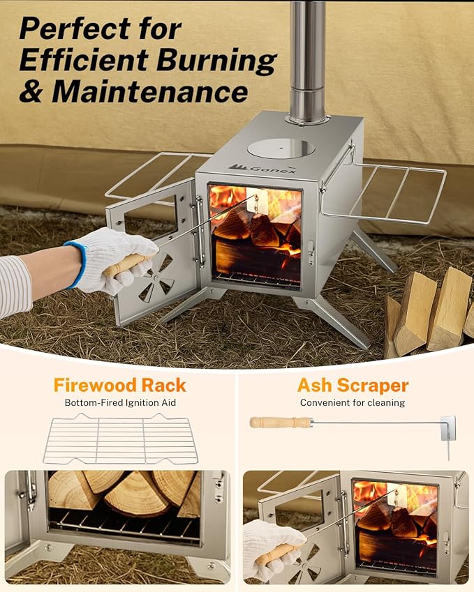Gonex Portable Wood Stove Stainless Steel Wood Burning Hot Tent Camping Stove with Chimney Pipes & Gloves for Outdoor, Tent, Shelter, Heating, Cooking (15"X7.7")
