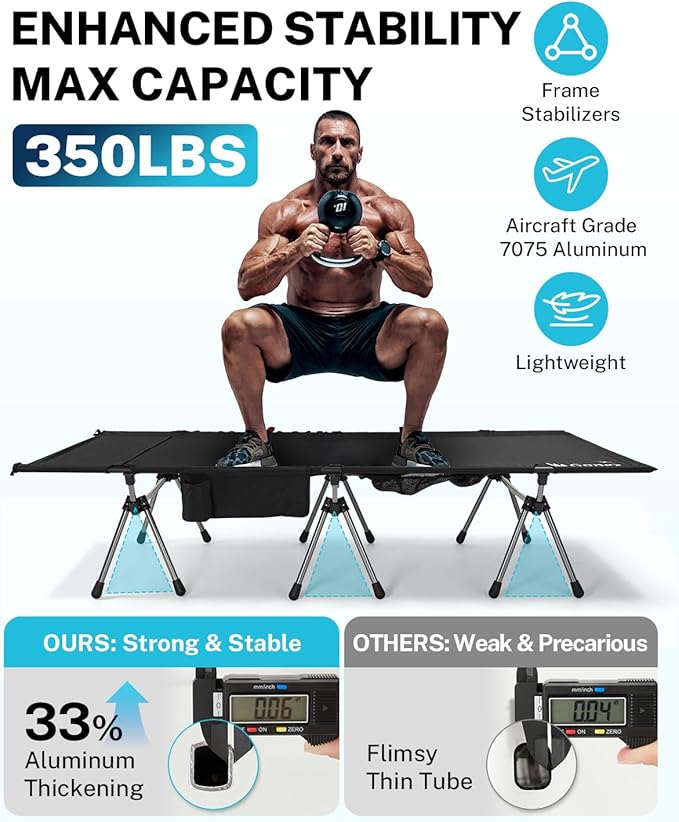 Gonex 31.5" Extra Wide Camping Cot with Leg Extenders 2 in 1 Portable Folding Cot for Adults Height Adjustable Supports 350lbs Sleeping Bed for Backpacking Travel Beach Home, Black