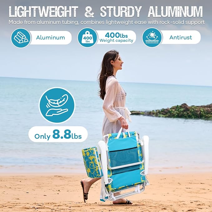 Reclining Beach Chair Backpack 5-Position Lay Flat Lounge Chair for Adults Heavy Duty Portable Folding Lightweight with Cooler Bag Camping Chair for Sand Outdoor