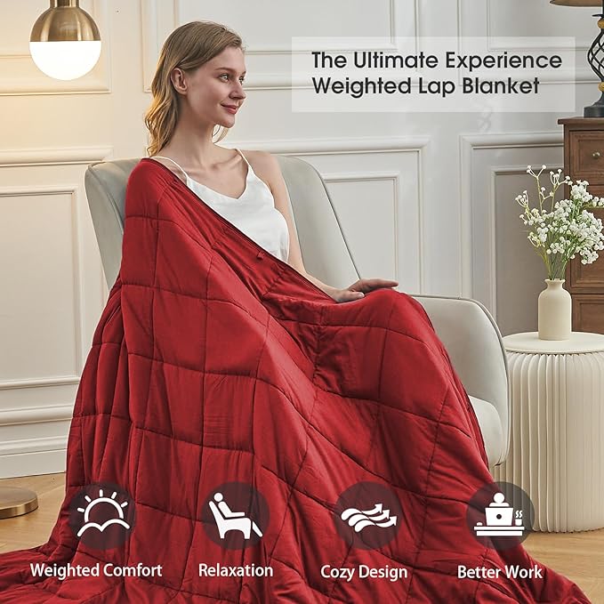 Red Weighted Blanket for Adults 12lbs, 48"x72" Twin Size Cooling Heavy Blanket for 110-130lbs with Premium Glass Beads, Soft Thick Big Blankets for All-Season Sleeping Comfort Breathable