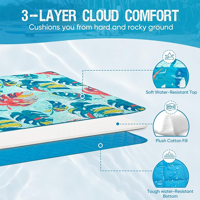 Beach Blanket Waterproof Sandproof Picnic Blankets 70โ x 57โ Camping Foldable Beach Mat Sand Free Large Portable Washable Play Mat Lightweight for Outdoor Park