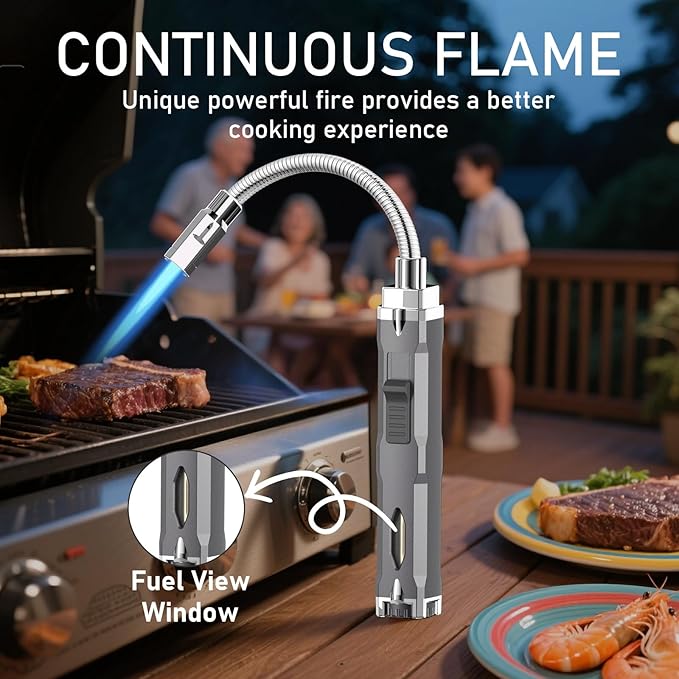 Torch Lighter, Long Flexible Neck Refillable Butane Lighter, Jet Flame Windproof Lighter with Visual Fuel Window for Kitchen Cooking, Baking, BBQ & Camping (Fuel Not Included)