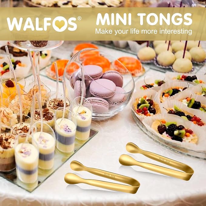 Walfos Small Gold Tongs For Serving,Food Grade Stainless Steel 4" Mini Tongs Appetizers for Parties Catering, Sugar,Desserts,Tea Party, Coffee Bar, Set of 12 (Gold)