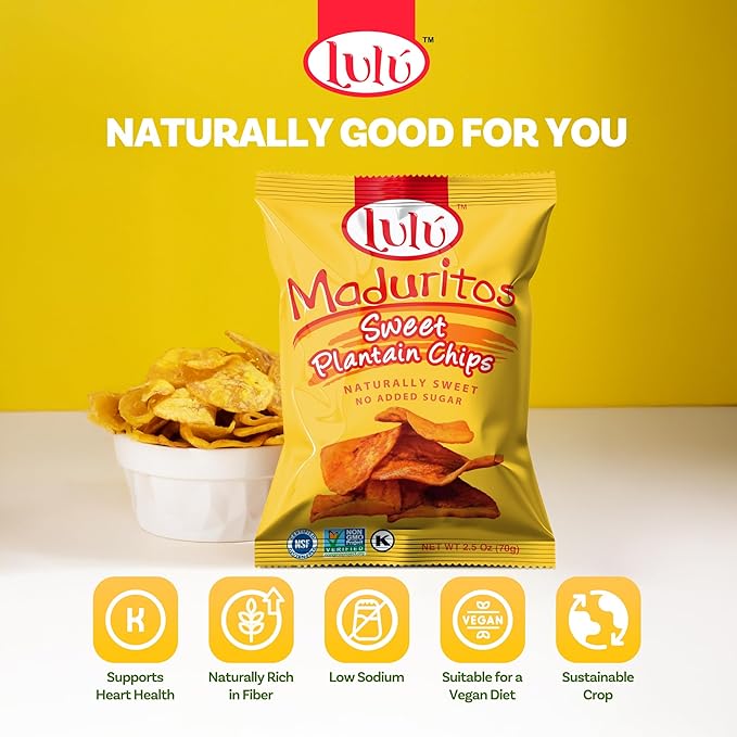 LULU Plantain Chips - Maduritos Sweet Plantain Chips, 30 Individual Bags (2.5 Oz Each) - Crunchy, Delicious, Gluten-Free Healthy Snacks - No Preservatives or Artificial Colors, Sustainably Sourced
