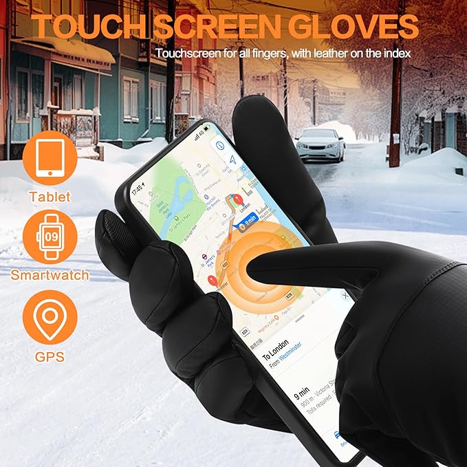 Winter Waterproof Gloves for Women: Water Proof Touch Screen Gloves for Men Running Hiking, Cold Weather Touchscreen Gloves for Phone Texting, Warm Snow Water Resistant Thermal Gloves Black