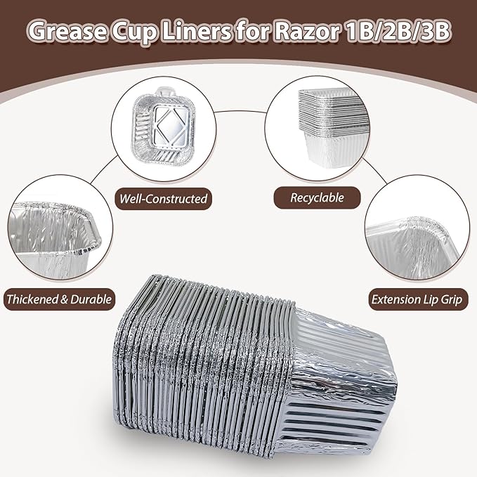 30-pack Grease Cup Liners for Blue Rhino Razor 1 Burner 2 Burner 3 Burner Griddle Grills, Grease Tray Catcher Liner for Razor GGC2030M,GGC2030L, GGC2228MG Griddle Disposable Aluminum Foil Pans