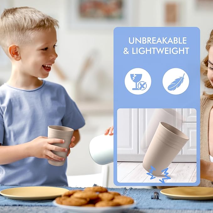 HOTEC 8-Pack 15oz Plastic Cups, BPA-Free Reusable Drinking Cup set, Unbreakable Tumblers, Dishwasher Safe Water Plastic Glasses, Khaki