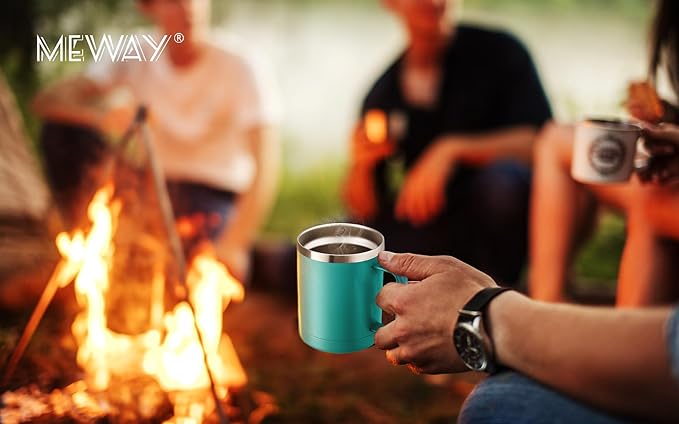 MEWAY 12oz Coffee Mug With Handle 2 Pack Bulk,Stainless Steel Insulated Travel Tumblers With Sliding Lid,Double Wall Vacuum Camping Cup for Hot & Cold Drinks Tea (Light Green,Set of 2)