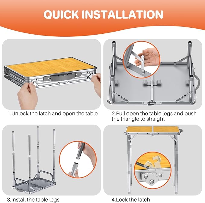 FUNYKICH 2ft Small Folding Camping Table, 3 Height Adjustable Portable Picnic Table, Lightweight Aluminum Outdoor Tables with Carry Handle for Camping, Picnic, BBQ, 58x40cm(L22.8 xW15.7)