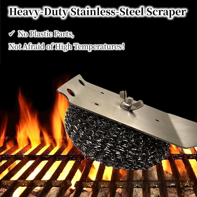 Grill Brush and Scraper for Barbecue โ Safe Bristle Free Stainless Steel BBQ Cleaner with Heavy Duty Scrubber Pad, Grill Accessories Steel Wool Scrubbers for Porcelain Gas Charcoal Grill