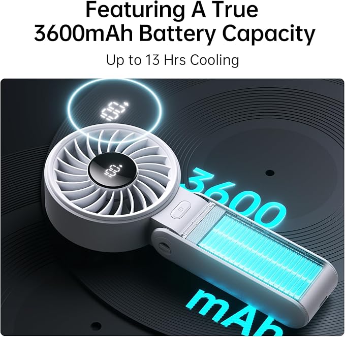 JISULIFE Handheld Fan Life7 – Ultimate Flexibility: High-Power Motor, LED Display, 3600mAh Rechargeable, 5-Speed, Foldable Design, 3-IN-1 Portable Hand/Desk/Neck Fan for Travel, Gift for Women (Grey)