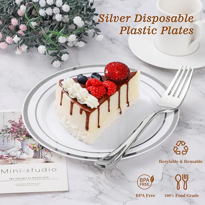 200PCS Silver Plastic Plate, Disposable Party Plates with 100 Dinner Plates and 100 Dessert Plates, Plastic Plates for Party, Wedding and Birthday