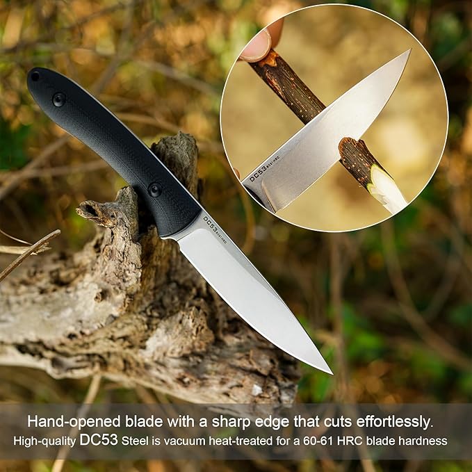 Small Fixed Blade Knife,Full Tang Design knife.3.27inch DC53 Steel Blade and G10 Handle,with Kydex Sheath,Fixed EDC Tactical Knife for Men Women,Outdoor Hiking Camping Knives