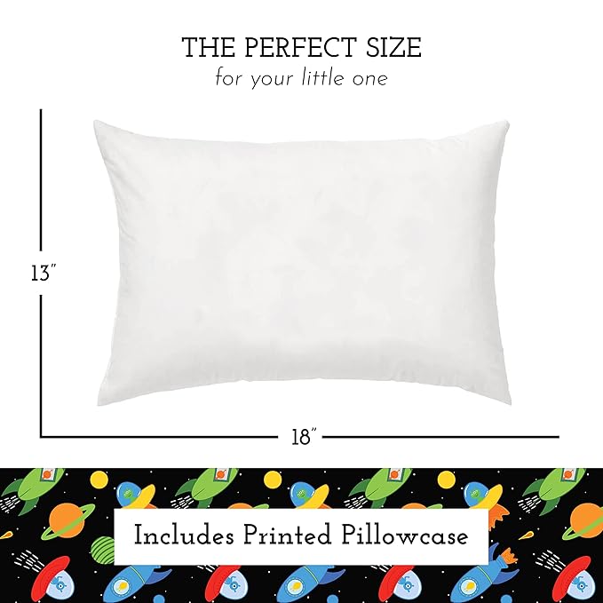Little Sleepy Head Toddler Pillow with Pillowcase 13x18 - Kids Pillow for Sleeping - Better Neck Support Ergonomic Pillow and Toddler Pillowcase - Best Pillows for Kids (Space 'N Rockets)