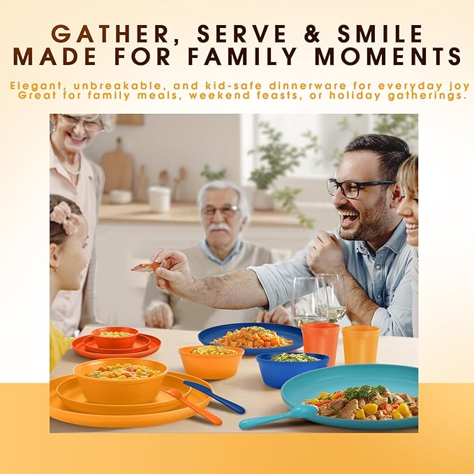 Plastic Dinnerware Sets – 40-Piece Colorful Plates and Bowls Set for 8, Reusable Unbreakable Fiesta Style Party Dishes with Cups, Knives, Forks and Spoons, for Outdoor, Picnic or Everyday Use