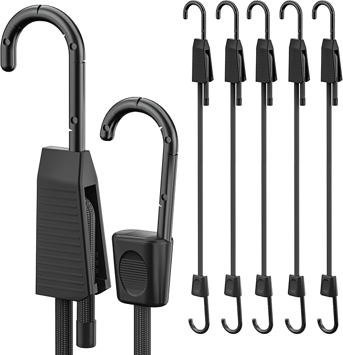 Adjustable Bungee Cords, 18inch Heavy Duty Outdoor Elastic Bungee Straps with Hooks Easy to Adjust, UV Resistance Black Bungee Rope for Securing Tarps, Luggage, Tents, Bikes or Garden Tidying 6Pcs