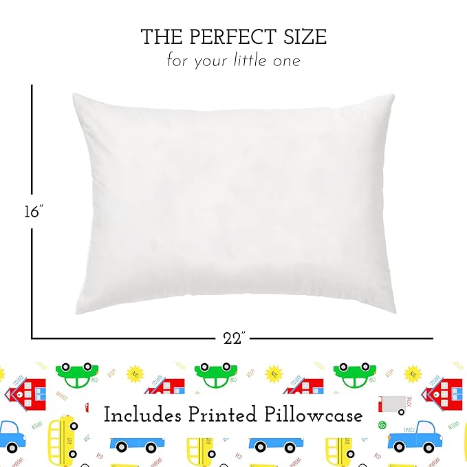 Little Sleepy Head Youth Pillow with Pillowcase 16x22, Soft Jumbo Toddler Pillows, Hypoallergenic Pillow Case - Best Kids Pillows for Sleeping, Perfect Kids Travel Pillows (Trucks 'N Cars)