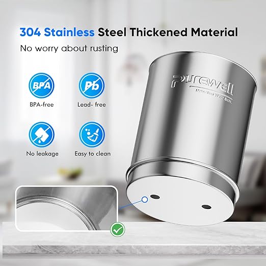 Purewell 7-Stage 0.01μm Ultra-Filtration Alkaline Water Filter System with 4 Filters, Metal Water Level Spigot and Stand, 304 Stainless Steel, Reduce Fluoride & Chlorine, pH 8-9, 2.25G, PW-OB-FT