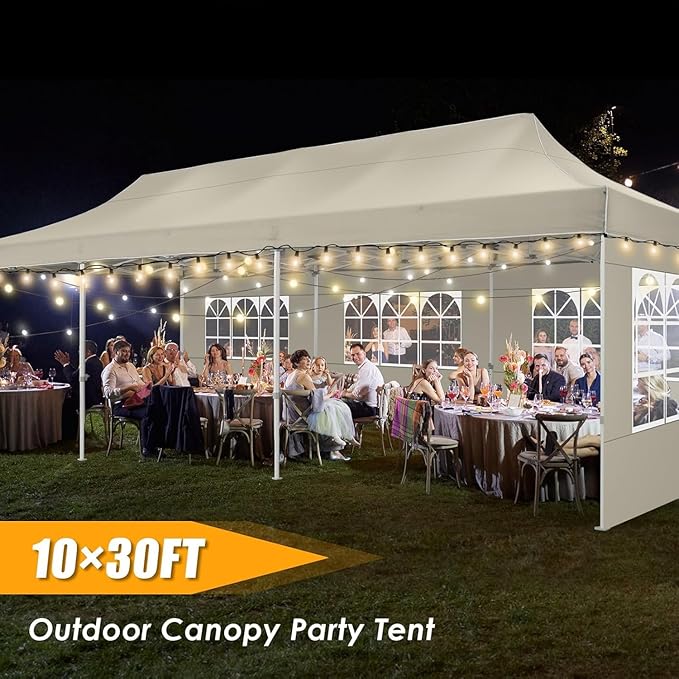 HOTEEL Tents for Parties 10x30 Pop Up Canopy Tent Heavy Duty with 8 Sidewalls, Commercial Party Tent Event Wedding Instant Canopy Waterproof with Carry Bag, UV 50+, Thicked Hexagonal Legs, Khaki